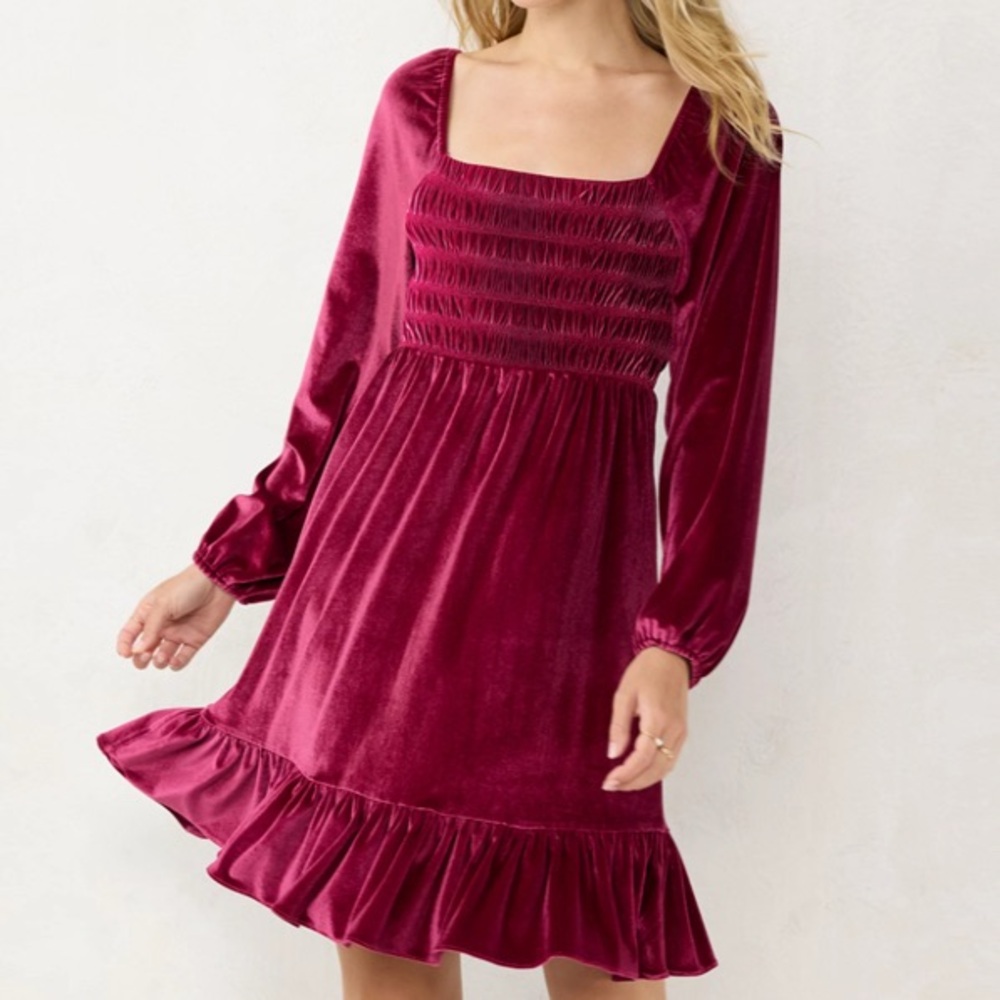 LC Lauren Conrad Raspberry Smocked Velvet Dress - Picture 3 of 8